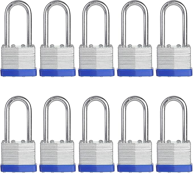 Lock, 1-9/16" (40mm) Laminated Keyed Padlocks, keyed Alike Locks, 2 inch Long Shackle Locks- Pack of 10