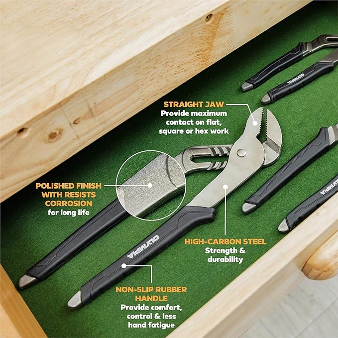 Olympia Tools 10-Inch Tongue and Groove Pliers, Straight Jaw Pliers with Cushion grip, 6 Jaw positions, 2.1" Jaw Capacity