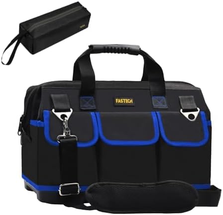 FASTECH 20 Inch Tool Bag, Waterproof Wide Mouth Tool Kit, Heavy Duty Tool Bag Organizer With Shoulder Straps and Molded Base, Tool Storage Package For Screwdrivers, Pliers, Nut Drivers (Blue20IN)