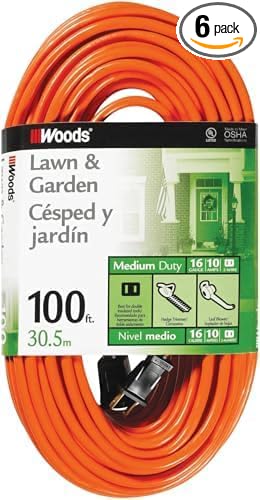 Woods Light Duty Extension Cord, 100Ft, 16 Gauge, General Purpose Cord, SJTW, Orange, 0724 (Pack of 6)