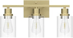 EMONG Gold Bathroom Light Fixtures, 3-Lights Vanity Light with Clear Glass Shade, Brushed Brass Wall Sconce for Hallway, Farmhouse, Living Room