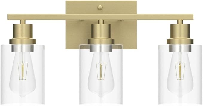 EMONG Gold Bathroom Light Fixtures, 3-Lights Vanity Light with Clear Glass Shade, Brushed Brass Wall Sconce for Hallway, Farmhouse, Living Room