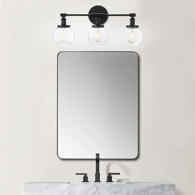 Phansthy 3-Light Wall Sconces Antique Brass Vanity Light, Industrial Wall Lamps with On Off Switch and Clear Glass Lampshade, Vintage Wall Lighting for Bathroom Living Room (Black, Globe Shade)