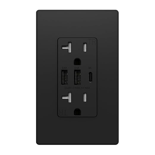 ELEGRP USB Outlets Receptacles, 3-Port Wall Outlet, 30W 6.0A Electrical Outlet, 15 Amp Tamper-Resistant Outlet with Type C Ports, UL Listed, Wall Plate Included, 1 Pack, Matte Black