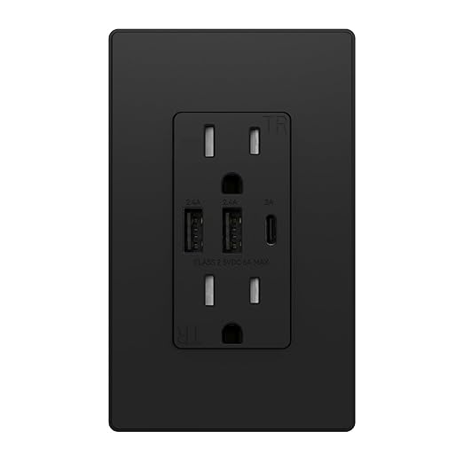 ELEGRP USB Outlets Receptacles, 3-Port Wall Outlet, 30W 6.0A Electrical Outlet, 15 Amp Tamper-Resistant Outlet with Type C Ports, UL Listed, Wall Plate Included, 1 Pack, Matte Black