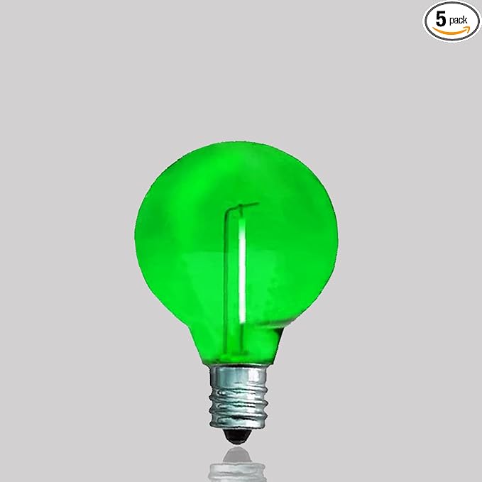 5 Pack G40 Green Led Replacement Bulbs,E12/C7 Candelabra Base,1 Watt Shatterproof Colored Bulbs for Christmas Halloween Outdoor Indoor Decor (Green)