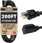 Weatherproof Black Extension Cord 200 ft, 16/3 SJTW 200 Foot Long Outdoor Extension Cord 3 Prong, Heavy Duty Exterior Power Cable Great for Outdoor Lights, Landscaping & Lawn - UL Certified