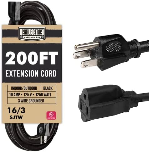 Weatherproof Black Extension Cord 200 ft, 16/3 SJTW 200 Foot Long Outdoor Extension Cord 3 Prong, Heavy Duty Exterior Power Cable Great for Outdoor Lights, Landscaping & Lawn - UL Certified