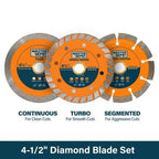 4-1/2" Diamond Blade Set for Concrete, Masonry and Tile Cutting, with Continuous/Segmented/Turbo Rims, for Dry & Wet Cutting with Angle Grinder & Circular Saw, 3 PCS
