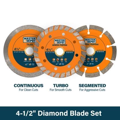 4-1/2" Diamond Blade Set for Concrete, Masonry and Tile Cutting, with Continuous/Segmented/Turbo Rims, for Dry & Wet Cutting with Angle Grinder & Circular Saw, 3 PCS