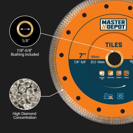 7 Inch Ultra-Thin Turbo Mesh Diamond Blade for Cutting Porcelain, Ceramic, Marble, Granite, 2 Pack for Handheld Saws and Angle Grinders, Dry and Wet Use, 7/8"-5/8" Arbor