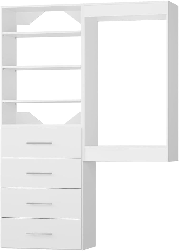 ROOMTEC Modular Closet System, 55" Wall-Mounted Closet Organizer with Drawers and Hanging Rods, Wooden Tower for Walk-In Closets, Wardrobe Storage Kit, White