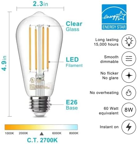 TJOY 24 Pack Vintage 8W ST58 LED Edison Light Bulbs, Dimmable, 60W Equivalent, 800Lumens, 2700K Warm White, E26 Base LED Filament Bulb, CRI80+, Antique Glass Style for Home, Bedroom, Office, Farmhouse