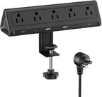 6.5 FT Desk Clamp Power Strip with 5 AC Outlets & 6 USB Ports PD 40W USB-C Fast Charging, 1250J Surge Protector, Fits 2.6 in top Edge Black