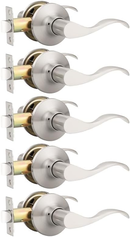 Mengico 5 Pack Satin Nickel Modern Interior Passage Door Knobs, Keyless Door Handle for Hallway & Closet, Wave Style Non-Locking Door Lever Reversible for Left & Right Handed