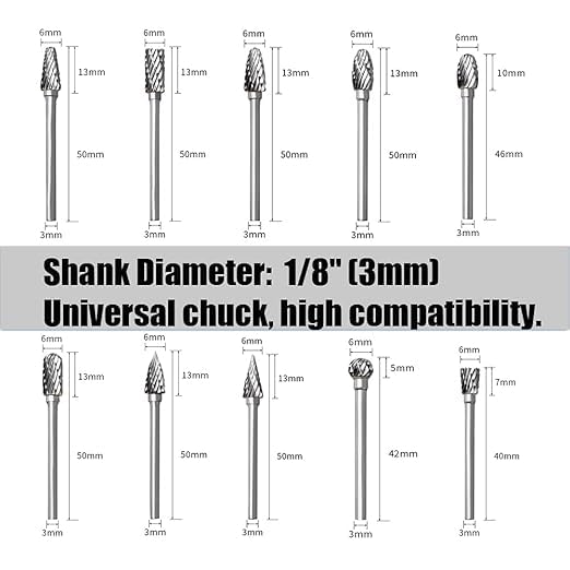 10Pcs 1/8" Shank Carbide Burr Bits Compatible with Dremel w/ Beech Holder Bits Metal Grinding Bits Attachments Cutting Burrs Metal Grinding Engraving Porting Double Cut Rotary Tool Accessories Set