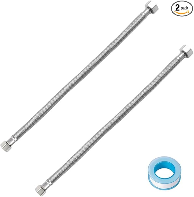 16" Faucet Supply Line,3/8" Comp x 1/2" FIP Stainless Steel Braided Supply Line,Faucet Water Supply Hose Connector Lines Faucet Water Supply Line for Water Heater, Angle Valve（Plumbers Tape Include)