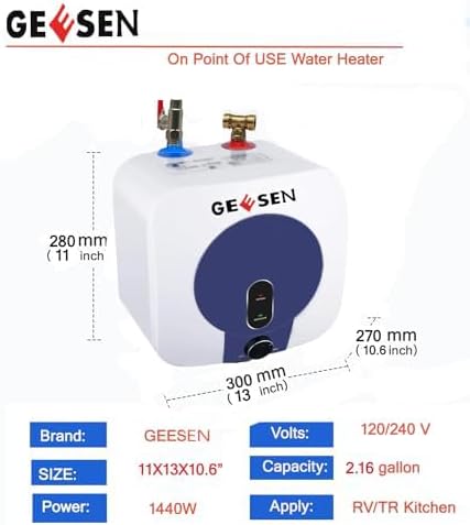 2.5 Gallon Mini Hot Water Heater 1500W, Small Under Sink Counter RV TR Endless Trailer Kitchen Compact Point-of-Use, 16” Long 1/2”FIP Stainless Steel Water Hoses 9L
