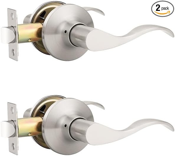 Mengico 2 Pack Satin Nickel Modern Interior Passage Door Knobs, Keyless Door Handle for Hallway & Closet, Wave Style Non-Locking Door Lever Reversible for Left & Right Handed