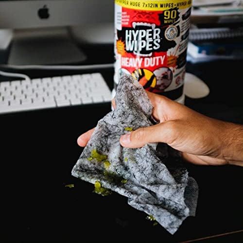 Hyper Wipes, 6 Pack Heavy Duty Hand & Tool Cleaning Wipes, 8"x12" Size Multi-Surface Cleaning Wipes, Degreasing, All Purpose Cleaner, Bathroom, Mechanic, Work Surface Wipes, 540 Count Canister