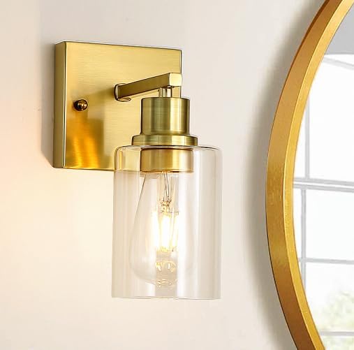 EMONG Gold Bathroom Light Fixtures,1-Lights Brushed Brass Vanity Light with Clear Glass Shade, Wall Sconces for Hallway, Farmhouse, Living Room