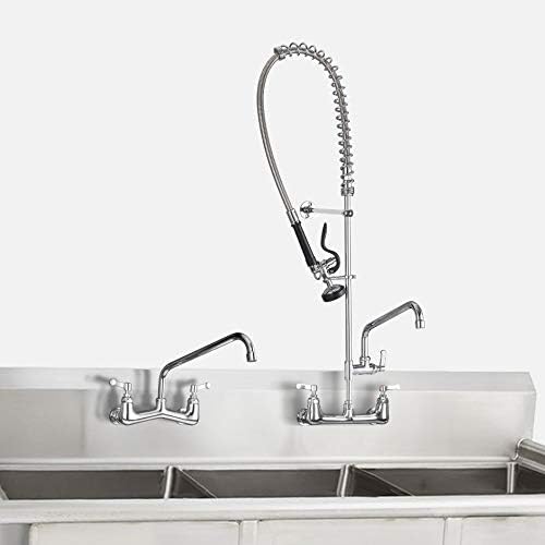 Commercial Faucet with Sprayer 8 Inch Center 42" Height Commercial Wall Mount Faucet Pre-Rinse Kitchen Sink Fuacet with 12" Swing Spout Fit for 3 Compartment Sink
