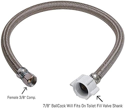 EZ-Fluid 16“ Toilet Water Supply Line Connector, Braided Stainless Steel - 3/8“ Female Compression Thread x 7/8” Female Ballcock Thread 16-Inch Toilet Water Connectors Hose (1-PACK)