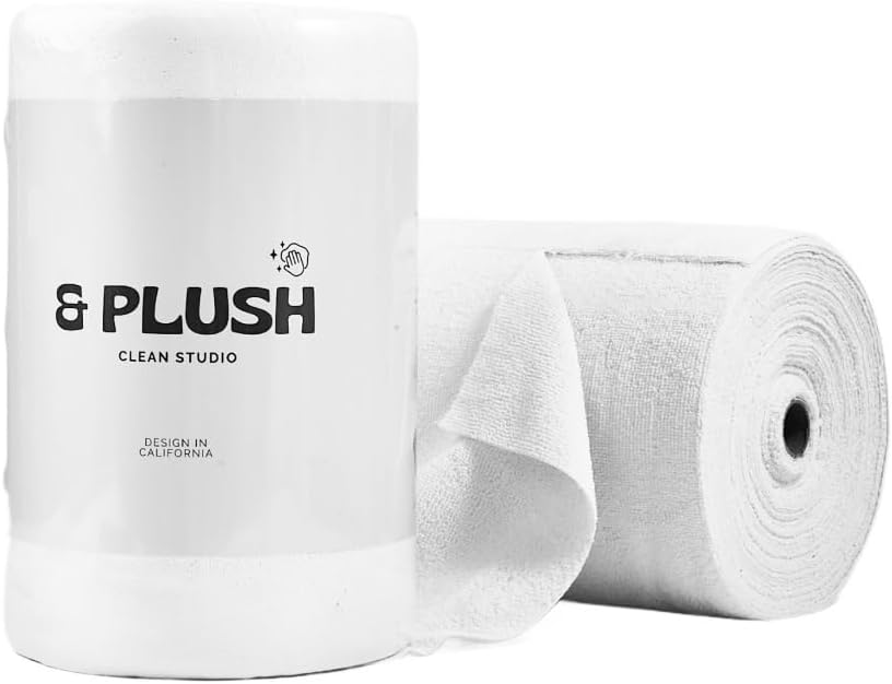 & PLUSH Microfiber Cleaning Cloth Roll - 50 Pack, Tear Away Microfiber Towels, 12" x 12", Reusable, Washable, Streak Free, Ultra Absorbent Dish Rags for Car, Home, Garage or Shop (White)