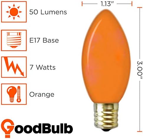 GoodBulb 7-Watt Incandescent C9 Orange Ceramic Holiday Light Bulbs | Intermediate E17 Base 50 Lumens | Christmas Lights Bulbs | Ideal for Holiday Decorations | Pack of 25 Bulbs
