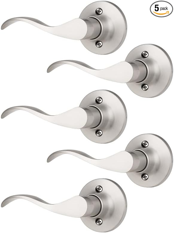 Mengico 5 Pack Satin Nickel Dummy Door Lever, Single Left Side Door Handle for Closets, Non-Turning Pull Only Lever Set, Wave Style Interior Door Knob