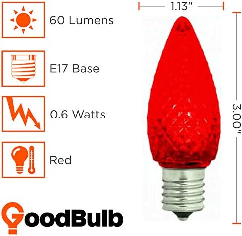 GoodBulb 0.6-Watt C9 Red Diamond Faceted Holiday Light Bulbs Intermediate E17 Base 60 Lumens Christmas Lights Bulbs Ideal for Holiday Decorations Pack of 25 Bulbs