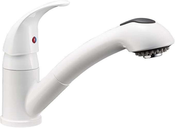 Dura Faucet DF-NMK852-WT RV Pull-Out Swivel Single Handle Kitchen Sink Faucet - One-Hole (White)