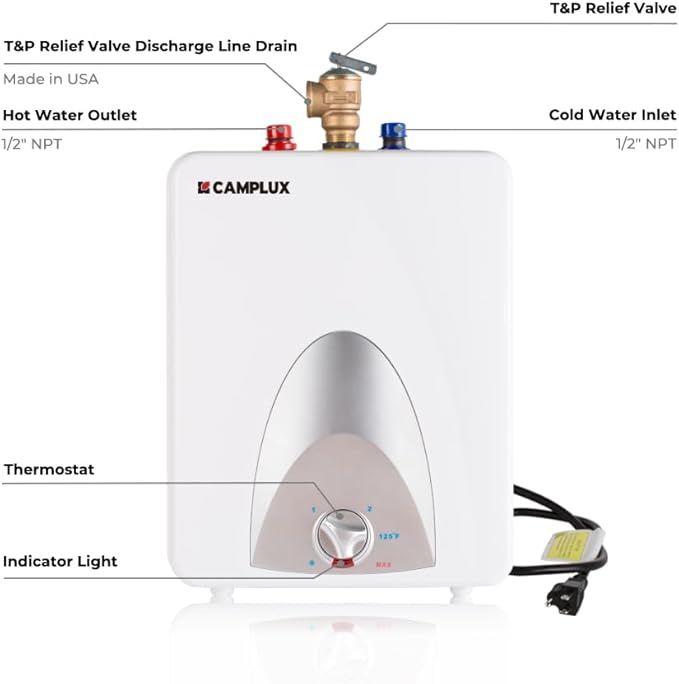 CAMPLUX Electric Mini Tank Water Heater 2.5 Gallons (ME25), Eliminate Time for Hot Water - Shelf, Wall or Floor Mounted