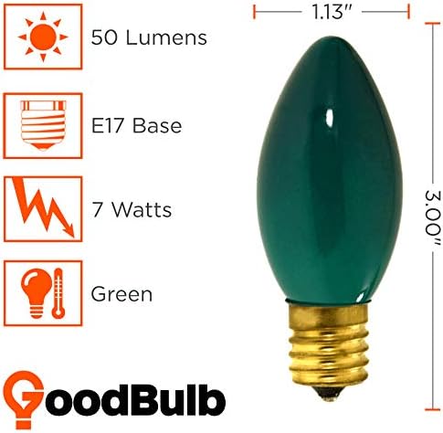 GoodBulb 7-Watt C9 Green Ceramic Holiday Light Bulbs Intermediate E17 Base 50 Lumens Christmas Lights Bulbs Ideal for Holiday Decorations Pack of 25 Bulbs