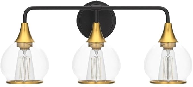 Black and Gold Bathroom Vanity Light 3-Lights Bathroom Light Fixtures Over Mirror with Clear Glass Shade 22.4 inch Wall Sconce Lighting Bath(Exclude E26 Bulb)