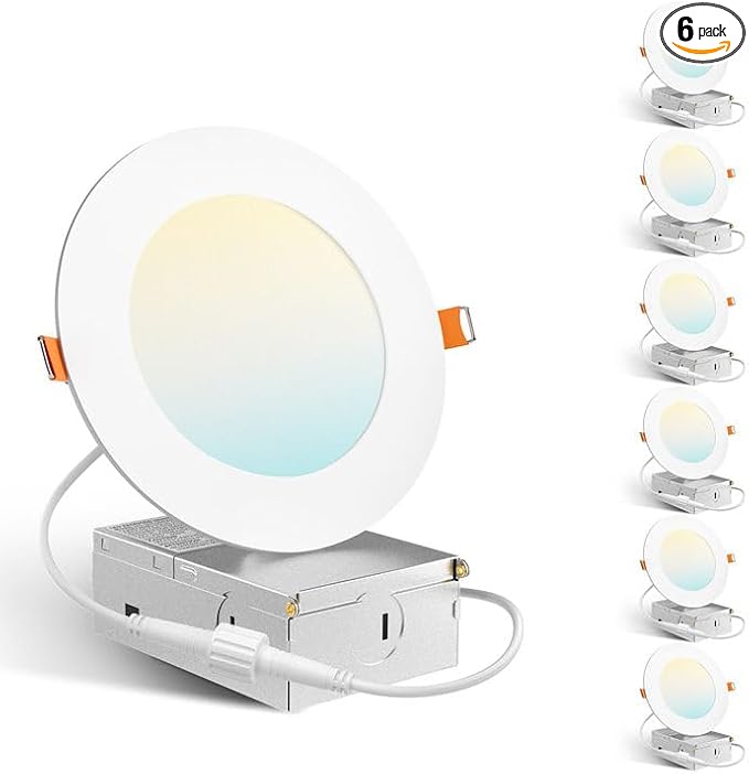 Amico 6 Pack 4 Inch 5CCT Ultra-Thin LED Recessed Dimmable Ceiling Light with Junction Box, 2700K/3000K/3500K/4000K/5000K Selectable, 10W Eqv 60W, 800 Lumens, High Brightness Downlight - ETL&FCC
