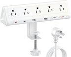 10 FT Desk Clamp Power Strip with 5 AC Outlets & 6 USB Ports PD 40W USB-C Fast Charging, 1250J Surge Protector, Fits 2.6 in top Edge White