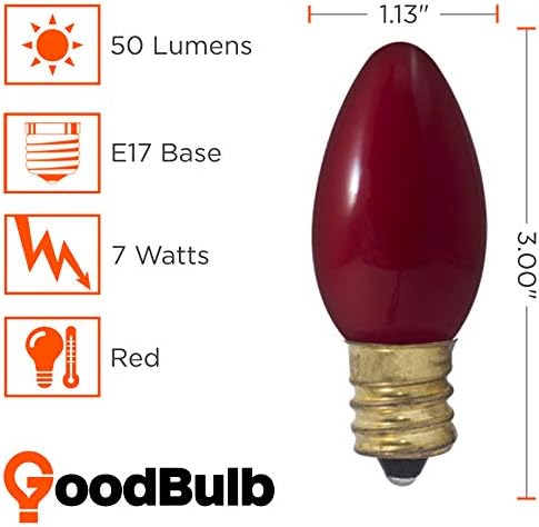 GoodBulb 7-Watt C9 Red Ceramic Holiday Light Bulbs Intermediate E17 Base 50 Lumens Christmas Lights Bulbs Ideal for Holiday Decorations Pack of 25 Bulbs