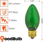 GoodBulb 7-Watt Incandescent C9 Green Transparent Holiday Light Bulbs Intermediate E17 Base 50 Lumens Christmas Lights Bulbs Ideal for Holiday Decorations Pack of 25 Bulbs