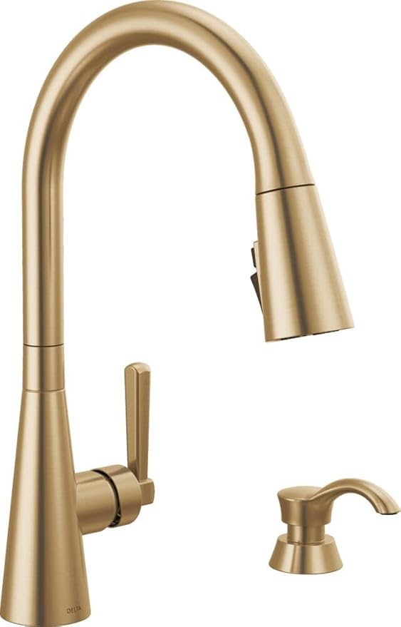 Delta Boyd Brushed Gold Kitchen Faucet with Pull Down Sprayer and Soap Dispenser, Modern Single Hole Kitchen Sink Faucet, Single Handle, Champagne Bronze 19893Z-CZSD-DST