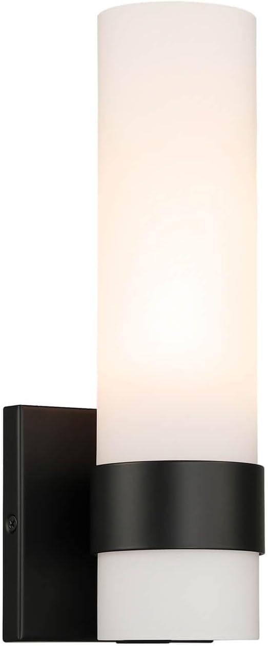 XiNBEi Lighting Black Wall Sconce, Modern Bathroom Sconce Light with White Glass Single Wall Light Fixtures for Hallway Bedroom & Living Room Corridor XB-W1185-MB