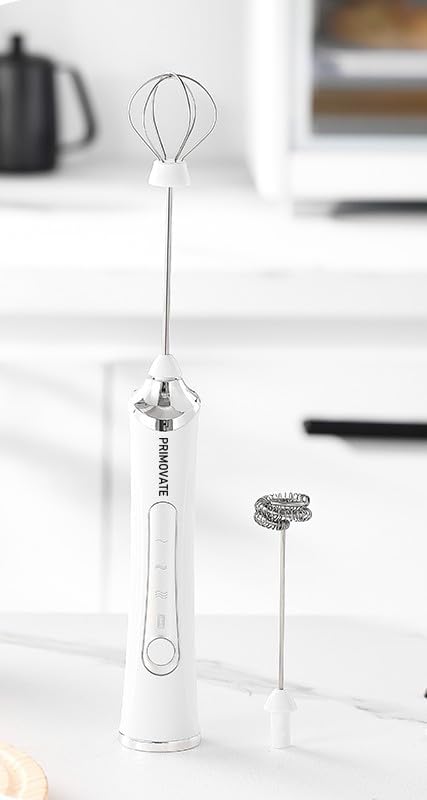 Rechargable Milk Frother, Handheld Drink Mixer with Whisk Attachment, 2025 upgraded, powerfull 3 speed motor, Type C charging with charge light, with extra egg mix head (White without Stand)