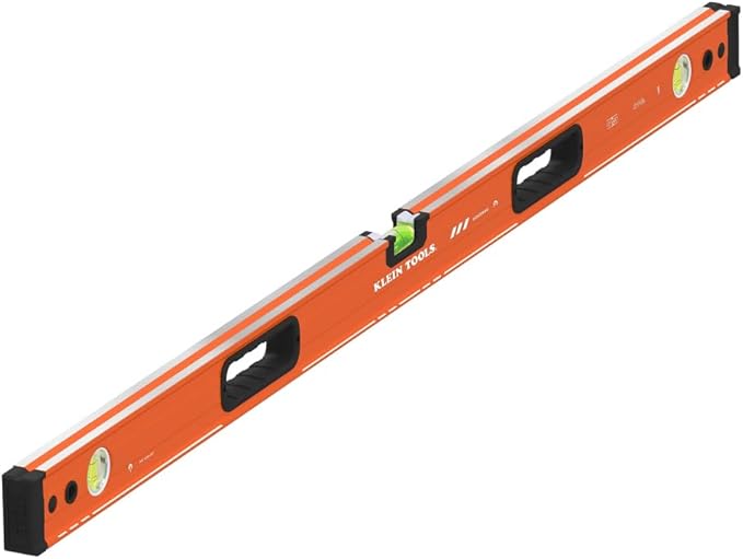 Klein Tools 93548MAG 48-Inch Box Level, Magnetic Box Beam Bubble Level, 3 Vials, High Visibility Orange, Aluminum Body, V-Groove and Magnet Track