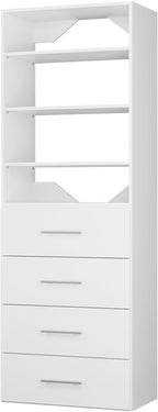 ROOMTEC Modular Closet System, 31.5" 4 Drawer Shelf Closet Tower Wall-Mounted Closet Organizer, Wooden Tower for Walk-In Closets, Wardrobe Storage Kit, White