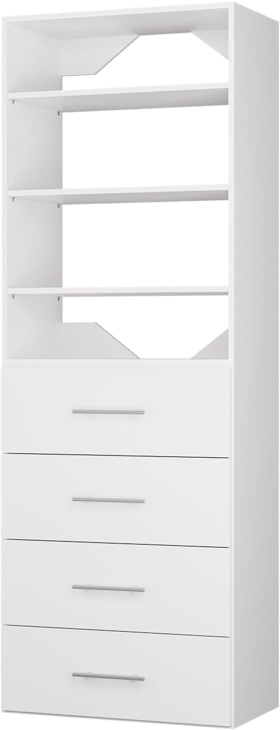 ROOMTEC Modular Closet System, 31.5" 4 Drawer Shelf Closet Tower Wall-Mounted Closet Organizer, Wooden Tower for Walk-In Closets, Wardrobe Storage Kit, White