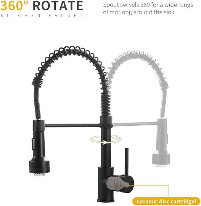 AIMADI Kitchen Faucet with Sprayer, Modern Single Handle Pull Down Sprayer Spring Matte Black Kitchen Sink Faucet with LED Light