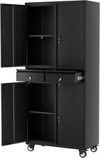 GarveeHome 72" Metal Storage Cabinet with Wheels, Locking Doors & 2 Drawers,Heavy Duty Rolling Garage Organizer with 3 Adjustable Shelves (with Wheels, with 2 Draws)