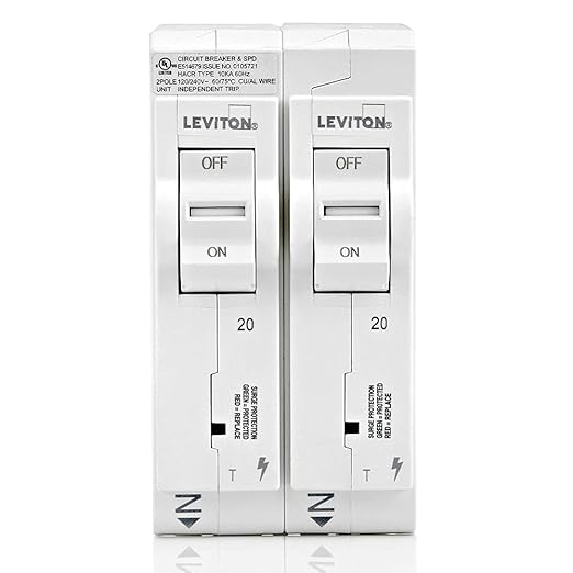 Leviton LSPD2-T Surge Protective Device with Two 20A 1-Pole Plug-On Standard Branch Circuit Breakers, Thermal Magnetic, 120/240 VAC, White