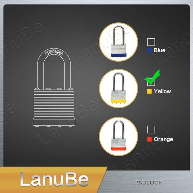 LanuBe Lock Laminated keyed Padlock (1-9/16", 40mm), keyed Alike Locks, Long Shackle,Marked Yellow Plastic Hoop, Pack of 12