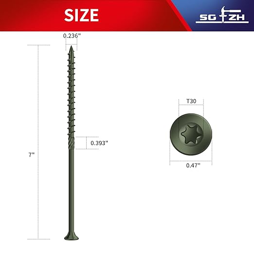 #14 x 7 Inch Deck Screws (19Pcs) 1lb. Carbon Steel, Green, Flat Head, Rust Resistant epoxy Coated, with T30 Star Bit